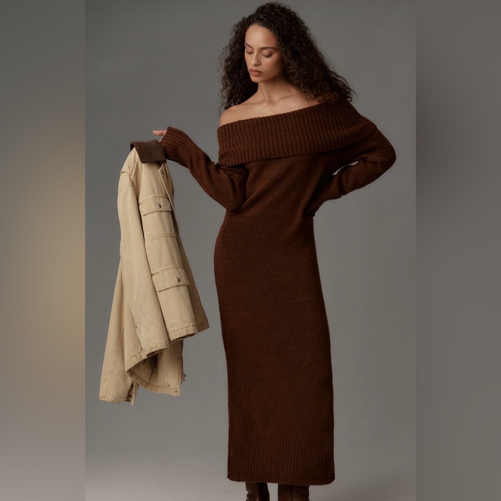 Daily Practice Sepia Brown Off-Shoulder Foldover Midi Sweater Dress Size Med NWT